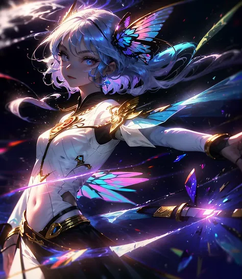 (((Masterpiece))), (((Best quality))), ((Ultra-detailed)),(Highly detailed CG illustration), ((An extremely delicate and beautiful)),Cinematic light, Create stunning fantasy artwork，fairy fantasy，the Flower Fairy，Transparent butterfly wings，Fairy stick，Lot...