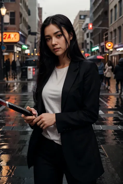 woman wearing a suit ,She holds a katana. Shes long hair, black hair,red eyes.shesstanding on the corner in the city at night, raining.