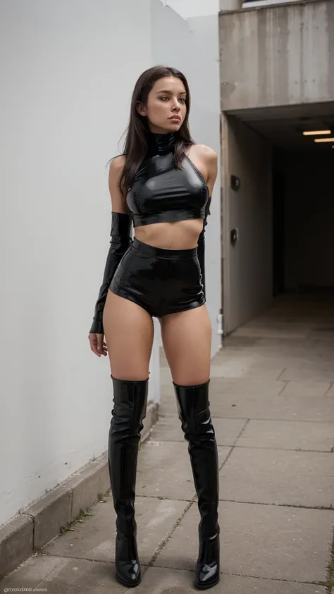 masterpiece, best quality, high resolution, full body, uniform, leather hotpants , long legs, knee high socks, black heeled boots, latex crop top, bare shoulders, turtleneck, underboobs, upshot, hood