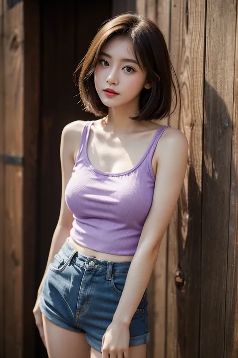 A very cute girl, solo, young, wearing purple tank top and short pants, big breasts, white and smooth skin, standing, medium hairs, red lip, at countryside, realistic face