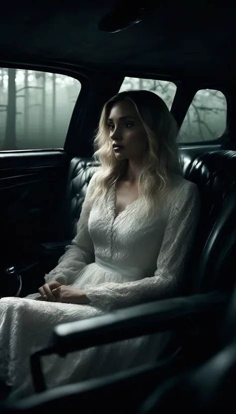 Inside the car, the atmosphere is tense. The woman in a white dress sits silently beside the driver, her hair obscuring her face. The mans face shows unease as he glances nervously at her. The car interior is dimly lit, with the foggy forest road visible o...