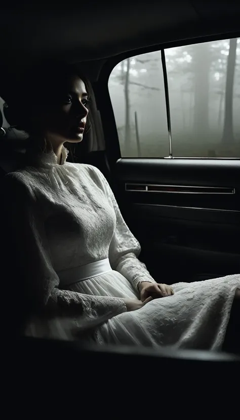 inside the car, the atmosphere is tense. the woman in a white dress sits silently beside the driver, her hair obscuring her face...