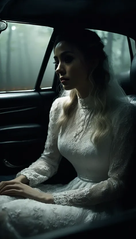 Inside the car, the atmosphere is tense. The woman in a white dress sits silently beside the driver, her hair obscuring her face. The mans face shows unease as he glances nervously at her. The car interior is dimly lit, with the foggy forest road visible o...