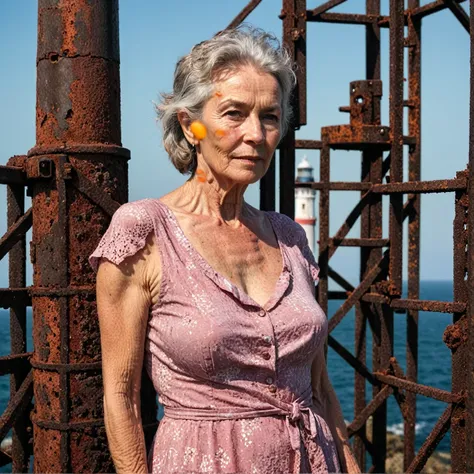 raw photo, full body portrait of a beautiful 70 year old woman, wrinkled face, pink summer dress, she stands on  a rusty trellis...