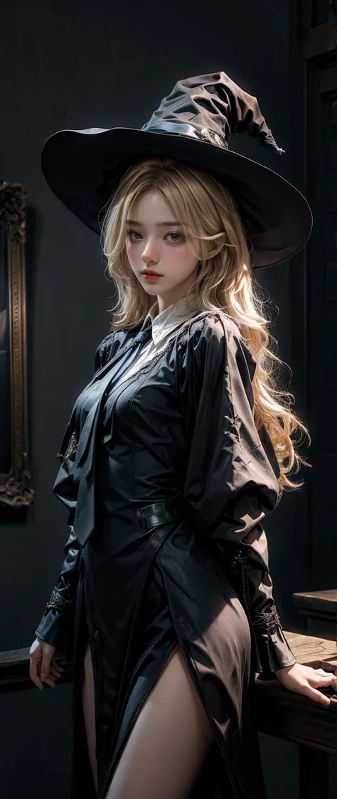 Witch Girl,Long, light blonde hair,Black-blue witch ,Wear a blue tie with black trim., Highest quality, Highest picture quality, high resolution, realistic, 8K, Highly detailed,In a small dark medieval room