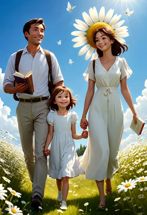 family, Young mother, young dad, mom dad same height, One , holding hands, walking through a chamomile field, smiling, dad has a book in his hand, mom has a bouquet of daisies in her hand, the sun is shining, blue sky, White clouds, Butterflies fly, Correc...