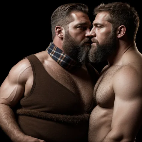 "8KUHD Create a professional studio-style photograph featuring two middle-aged, burly, hairy, beared big daddy bear, and rugged man and his husband in lumberjack outfit. beards, very realistic hair, very realistic beards, very realistic thick neck, very re...