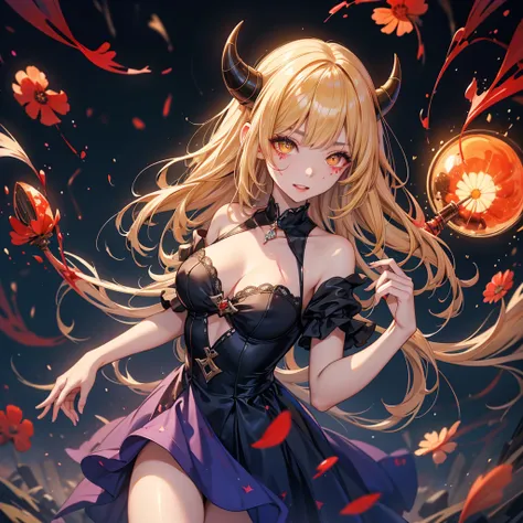 Delicate features, Crazy Smile, Devil horns,Mouth wide open, Mouth open and teeth bared, wide lips, Very wide mouth, Frowning, Vermilion-tinted cheeks, Blonde Hair, Princess Cut, Ribbon hair ornament, brooch, Shiny candy blue dress, Gold embroidery,Lolita ...