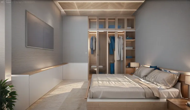 Design the master bedrooms interior space in [contemporary, luxurious style], using wood, white ceiling lights, using indoor lighting combined with [[blue areas with outdoor environmental lighting]. ]], [render vray 3ds max]