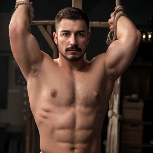 (best quality,4k,8k,highres,masterpiece:1.2),ultra-detailed,realistic, HDR,UHD, extreme detail description, professional, vivid colors, bokeh, portraits, dark, warm color tone, dramatic lighting, shirtless 18 year old boy, Muscles,Moustache, ropes, Crucifi...