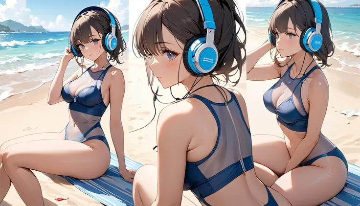 ((Top Quality)), ((Masterpiece)), ((Details)), perfect face, perfect body, sitting on the beach, listening to music, wearing headphones, wearing swimsuit, swimsuit transparent, tight with buttocks and breasts exposed Woman with clothes on and face visible