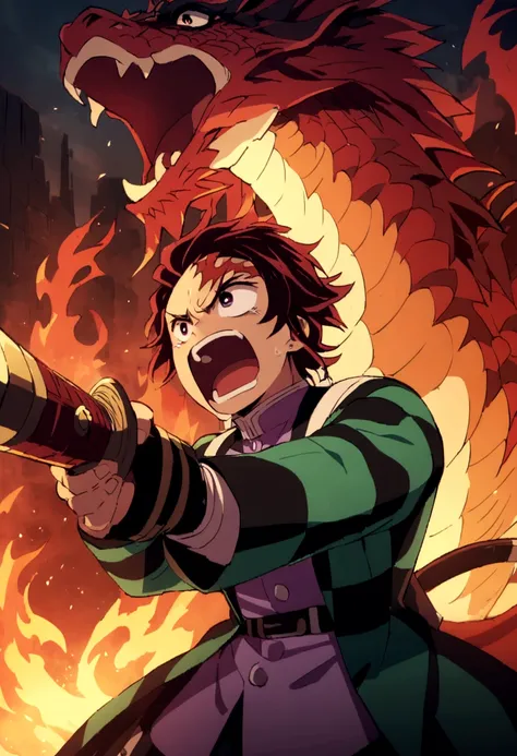 tanjiro, sword in hand, fire dragon, fire sword, ready to fight, screaming, upper body