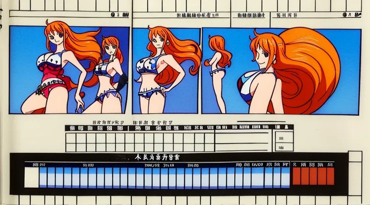 ((Best Quality)), ((Masterpiece)), (((detailed character sheet, frontal view, side view, three quarter view))) white background、one piece、US、whole body、whole bodyイラスト、whole bodyアニメーション、whole bodyリファレンスシート、High heels、Swimwear、Bikini、original、New World、Long ...