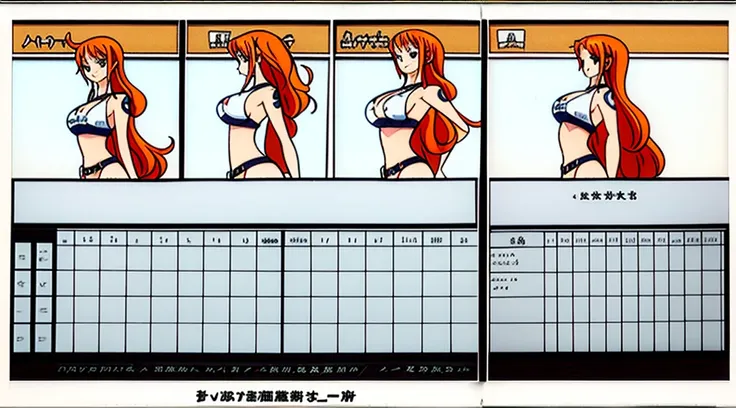 ((Best Quality)), ((Masterpiece)), (((detailed character sheet, frontal view, side view, three quarter view))) white background、one piece、US、whole body、whole bodyイラスト、whole bodyアニメーション、whole bodyリファレンスシート、High heels、Swimwear、Bikini、original、New World、Long ...