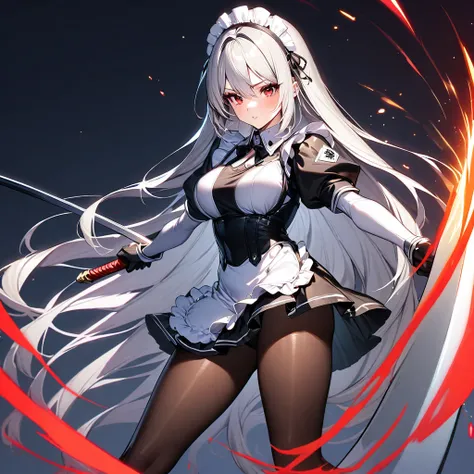 (masterpiece),(Highest quality),(Super detailed),(Best illustrations),(so beautiful), so beautiful長い脚,Silver Hair, Red eyes, Very long hair, pantyhose, Maid, headdress, apron, mini skirt, holding weapon, huge sword, slashing