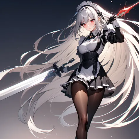 (masterpiece),(Highest quality),(Super detailed),(Best illustrations),(so beautiful), so beautiful長い脚,Silver Hair, Red eyes, Very long hair, pantyhose, Maid, headdress, apron, mini skirt, holding weapon, huge sword, slashing