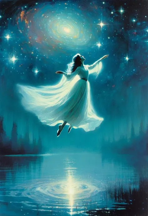 ghostly girl, levitates over the water of a lake, beautiful, medieval appearance, night, stars, milky way, horror tones (art inspired in Bill Sienkiewicz). oil painting) 