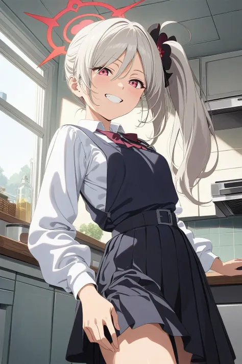 best quality, amazing quality, very aesthetic, absurdres, (1girl, mutsuki, blue archive, solo, red eyes, white hair, side ponytail), (realistic face:0.7),(pinafore dress:2), (grin, thigh:1.3), (cowboy shot), (glowing eyes:1.1), (half closed eyes:0.9), (fro...