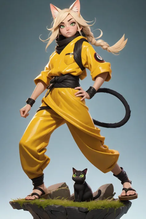 a cat warrior, (full body:1.2),simple background, masterpiece,best qualit, Naruto Uzumaki costume 