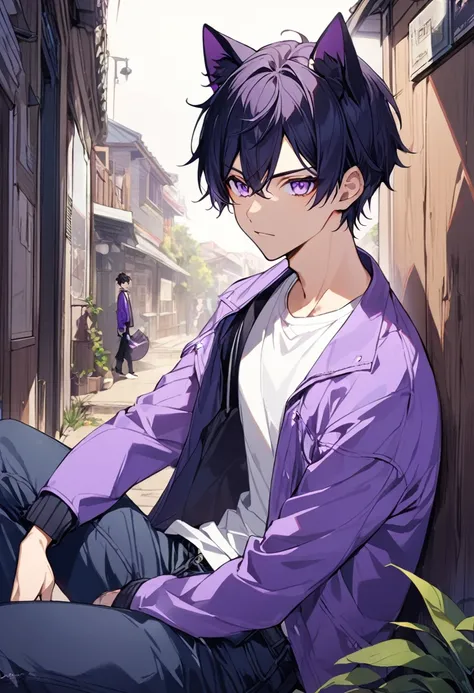 1boy, black short hair, black cat ears, bright purple eyes, wearing purple jacket, wearing white undershirt, wearing dark blue jean pants
