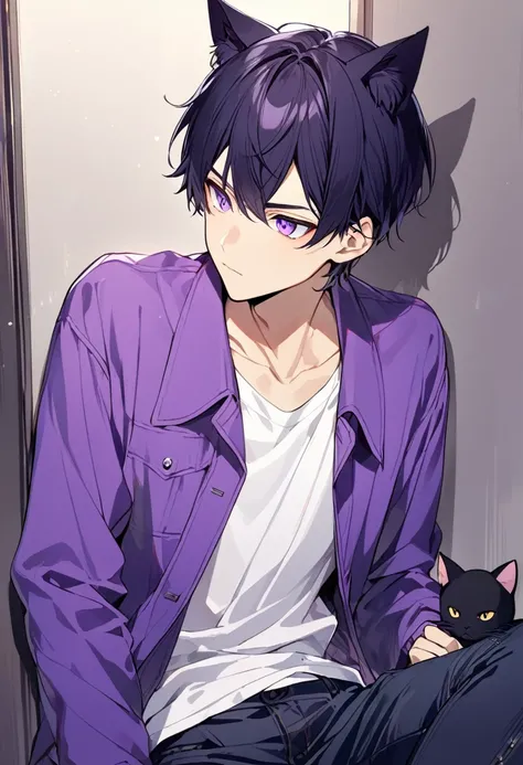 1boy, black short hair, black cat ears, bright purple eyes, wearing purple jacket, wearing white undershirt, wearing dark blue jean pants
