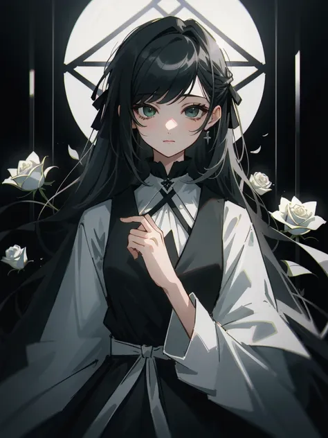 ((masterpiece, highest quality)),best aesthetics,1 girl, alone, long hair, black dress, flower, ribbon, black background, black hair, Rose, hair ribbon, green eyes, long sleeve, white Rose, closed mouth, black ribbon, Upper body, cinematic lighting