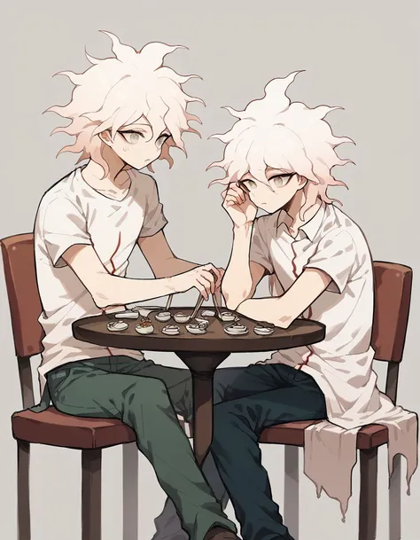 two guys are sitting at a rectangular table with a bunch of buns