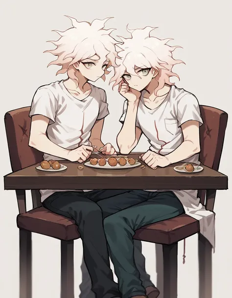 two guys are sitting at a rectangular table with a bunch of buns