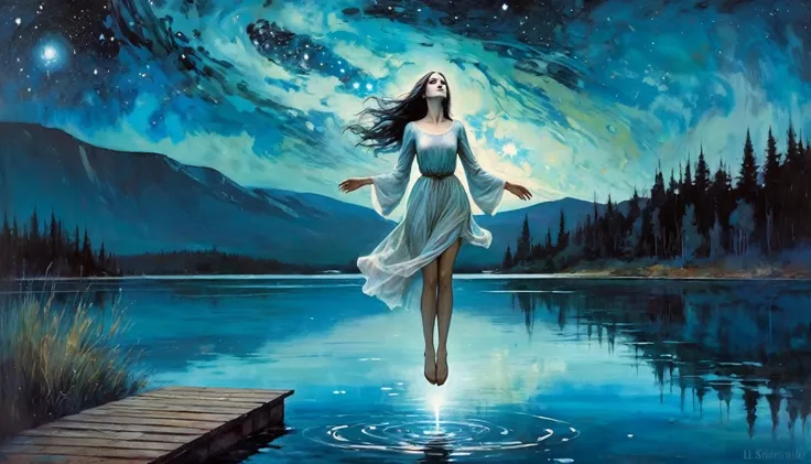 ghostly girl, levitates over the water of a lake, beautiful, medieval appearance, night, stars, milky way, horror tones (art inspired in Bill Sienkiewicz). oil painting) 