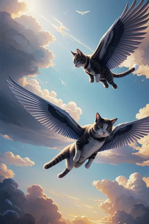 a cat with wings, flyng over clouds, futuristic, elegant atmosphere, glowing lights, highly detailed, digital painting, artstaion, concept art, smooth sharp focus, illustration, art by wlop, mars ravelo,greg rutkowski