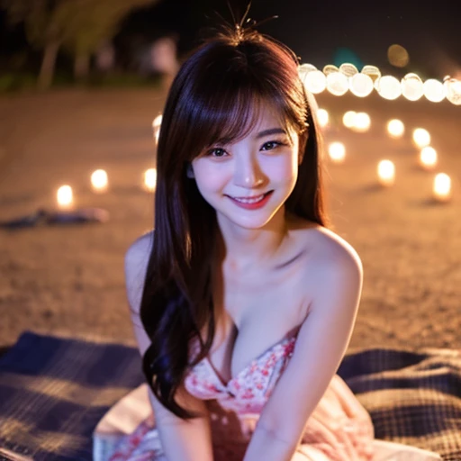 A cute face like a 19-year-old idol　smile gently　naked figure　I dont wear any clothes　full body figure　Slightly larger bust　dark lighting　night park　Cherry blossom viewing under the illuminated cherry blossoms at night　sitting on a picnic sheet　Raw photo　g...