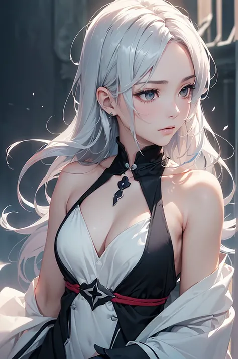 (Image from chest up:1.4)((masterpiece:1.5,Highest quality,Beautiful images、Realistic、2.5D、Artistic、Portraiture))(1girl, 独奏)(medium breasts, Silver Hair、long hair、Beautiful cleavage、sideboob、Exposing shoulders、Tattoo on shoulder)(横顔のPortraiture,Gaze sidewa...