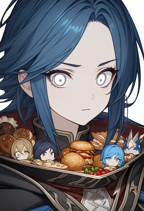 ((((White Background)))),((((Cygames)))),(()Fantasy),((Master piece)),(((Character portrait))),Blue Hair,semi-long,Food,(Expressionless),cool,Confused eyes,White eyes,Cape,((Low exposure))