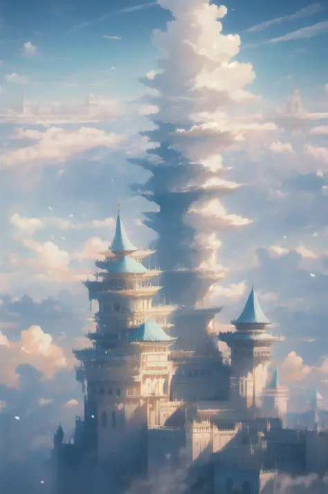 Gently illustration, Soft atmosphere, Pastel colored pencil illustrations, Surreal, meticulously made, Ultra-high quality, Ultra Detailed, landscape,  cloud，Sky, Palace in the Sky，Looming，极好的landscape, Magnificent views, 在cloud端，Solitary，Sky Island