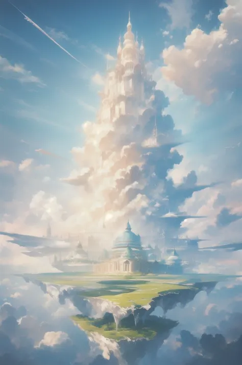 Gently illustration, Soft atmosphere, Pastel colored pencil illustrations, Surreal, meticulously made, Ultra-high quality, Ultra Detailed, landscape,  cloud，Sky, Palace in the Sky，Looming，极好的landscape, Magnificent views, 在cloud端，Solitary，Sky Island