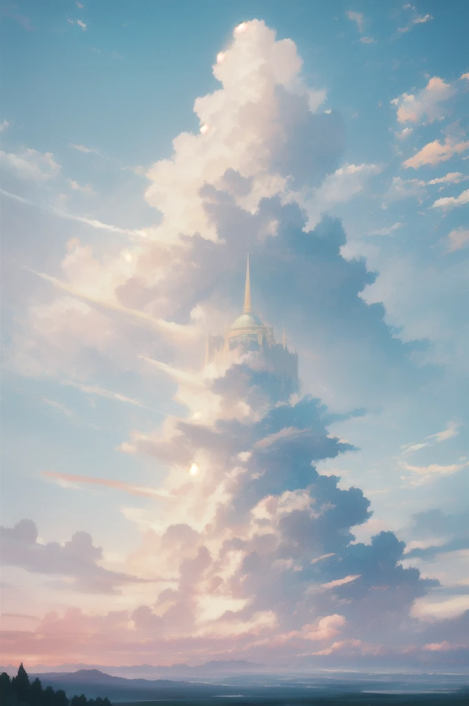 Gently illustration, Soft atmosphere, Pastel colored pencil illustrations, Surreal, meticulously made, Ultra-high quality, Ultra Detailed, landscape,  cloud，Sky, Palace in the Sky，Looming，极好的landscape, Magnificent views, 在cloud端，Solitary，Sky Island