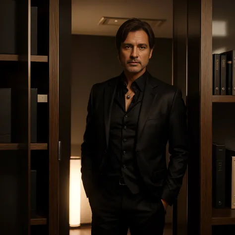 shiny black suit 45 year old man with short straight light brown hair standing extremely realistically in a shiny black blazer, [Highly detailed, photorealistic, 8K resolution, cinematic lighting, masterful composition] person [in an office environment wit...