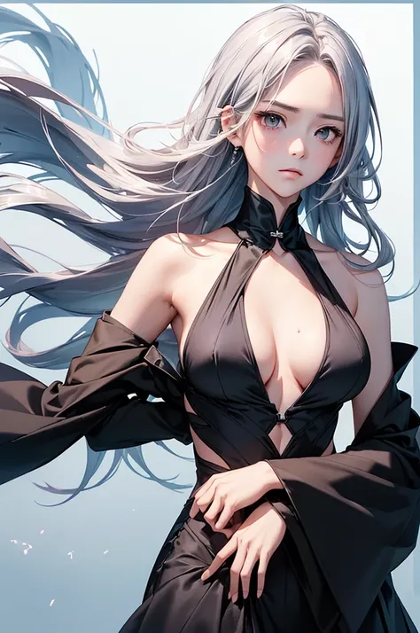 (Image from chest up:1.4)((masterpiece:1.5,Highest quality,Beautiful images、Realistic、2.5D、Artistic、Portraiture))(1girl, 独奏)(medium breasts, Silver Hair、long hair、Beautiful cleavage、sideboob、Exposing shoulders、Tattoo on shoulder)(横顔のPortraiture,Gaze sidewa...