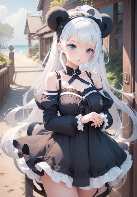 girl、、Bink、leotard、whole body。blue eyes、White Hair、Functional、Seductive pose、front、noon、Outdoor、garden、Beach、Bear Ears