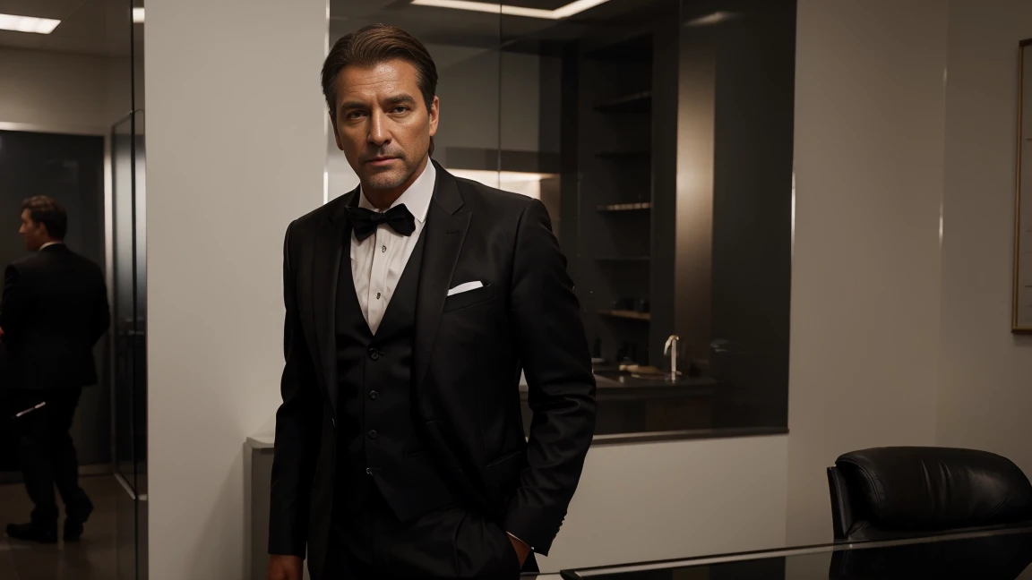 shiny black suit 45 year old man with short straight light brown hair standing extremely realistically in a shiny black blazer, [Highly detailed, photorealistic, 8K resolution, cinematic lighting, masterful composition] person [in an office environment wit...