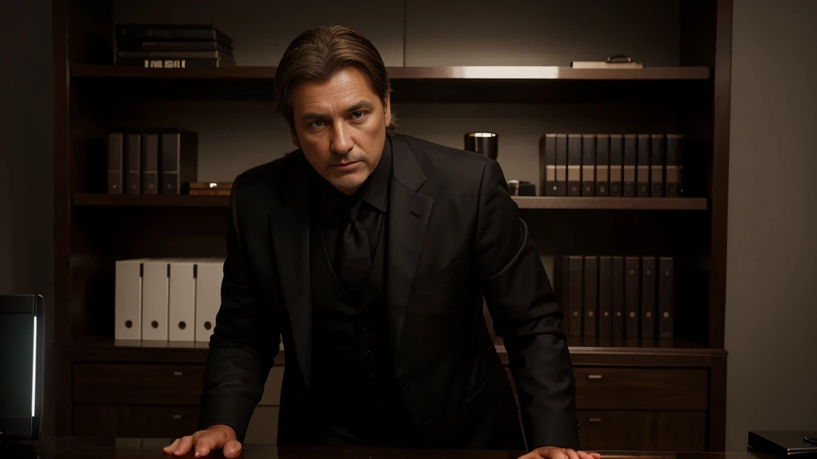 shiny black suit 45 year old man with short straight light brown hair standing extremely realistically in a shiny black blazer, [Highly detailed, photorealistic, 8K resolution, cinematic lighting, masterful composition] person [in an office environment wit...