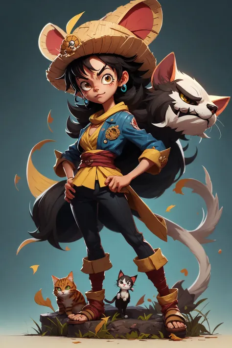 a cat warrior character,  (full body:1.2) , chibi, advanced digital chibi art, g liulian art style, maplestory mouse, bian lian, chibi art, league of legends art style, character art of maple story, ((view at the viewer)), (((Luffy costume)))