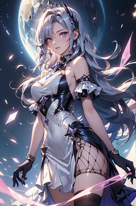 (masterpiece:1.5, Highest quality, Very detailed、 Dutch Angle、Realistic、Fantasy)(One girl, alone)(White and beautiful hair:1.4,,Straight Long Hair)(White based dress, zettai ryouiki)、((medium breasts))(from side)(Beautiful starry sky、Mystical Night、Particl...