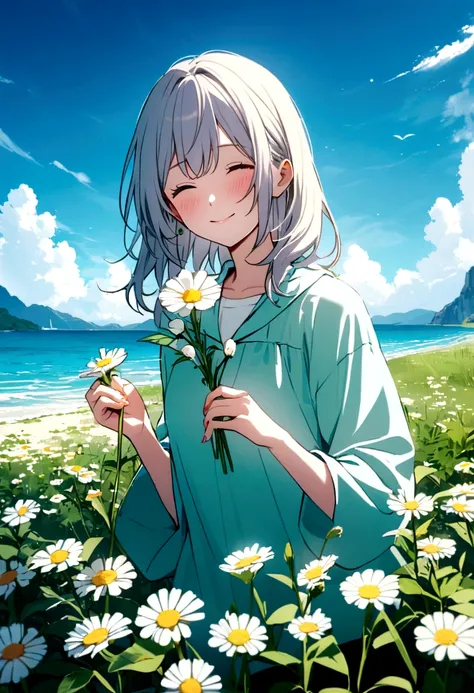 Please create a photo for me of a girl picking flowers on a green beach, blue sky, Happy girl mood