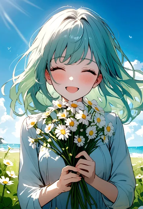 Please create a photo for me of a girl picking flowers on a green beach, blue sky, Happy girl mood