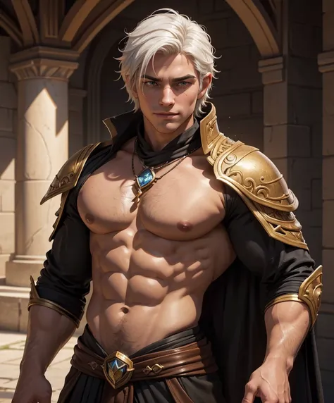 (((Luxurious white hair and sexy smirk.))) (((18 years old.))) (((18yo.))) (((Cute smirk.))) (((Single character image.))) (((1boy))) (((Looks like beefcake male fantasy character.))) Create an enchanting AI-generated image of a charismatic and irresistibl...