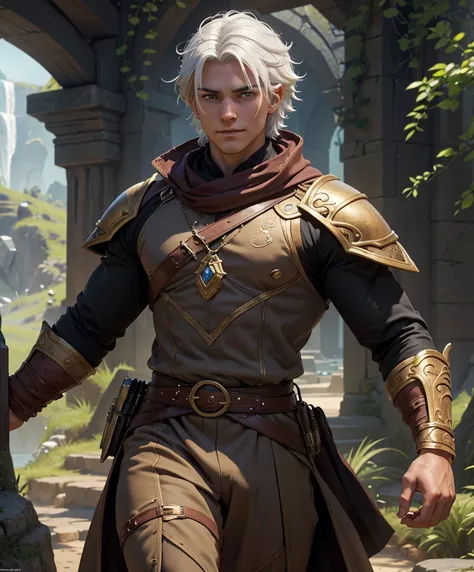 (((Luxurious white hair and sexy smirk.))) (((18 years old.))) (((18yo.))) (((Cute smirk.))) (((Single character image.))) (((1boy))) (((Looks like beefcake male fantasy character.))) Create an enchanting AI-generated image of a charismatic and irresistibl...