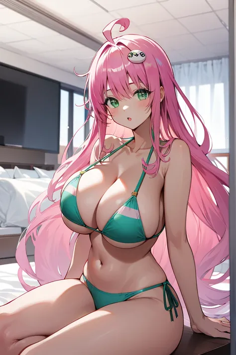 , highres, aalala, long hair, ahoge, hair ornament, green eyes,pink, , (((huge breasts))), bikini,,,looking viewer,indoor,