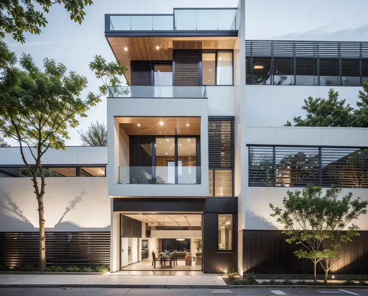 raw photo, exterior of two story white modern house, (road:1.3), (sidewalk:1.3), (sidewalk trees:1.3), (residences area:1.4), da...