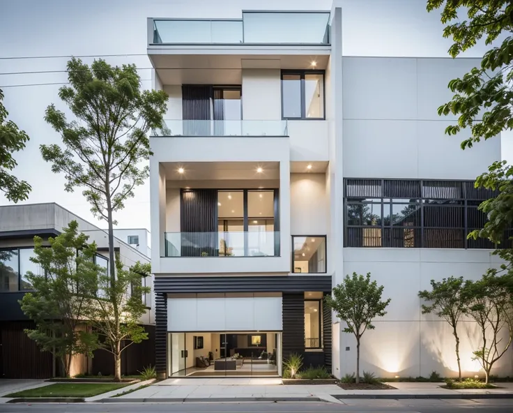 raw photo, exterior of two story white modern house, (road:1.3), (sidewalk:1.3), (sidewalk trees:1.3), (residences area:1.4), da...